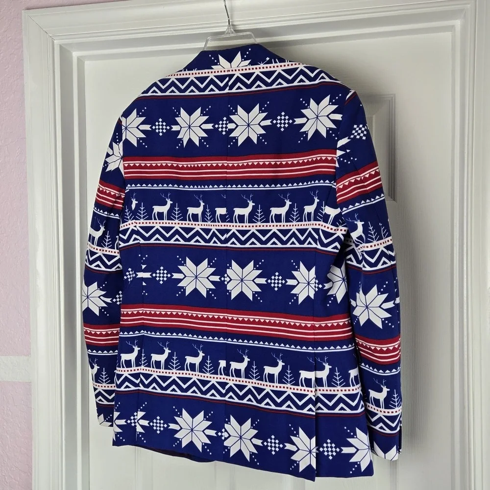 Opposuits Blue Holiday Blazer Mens Size 38‎ Christmas Reindeer Snowflake Jacket